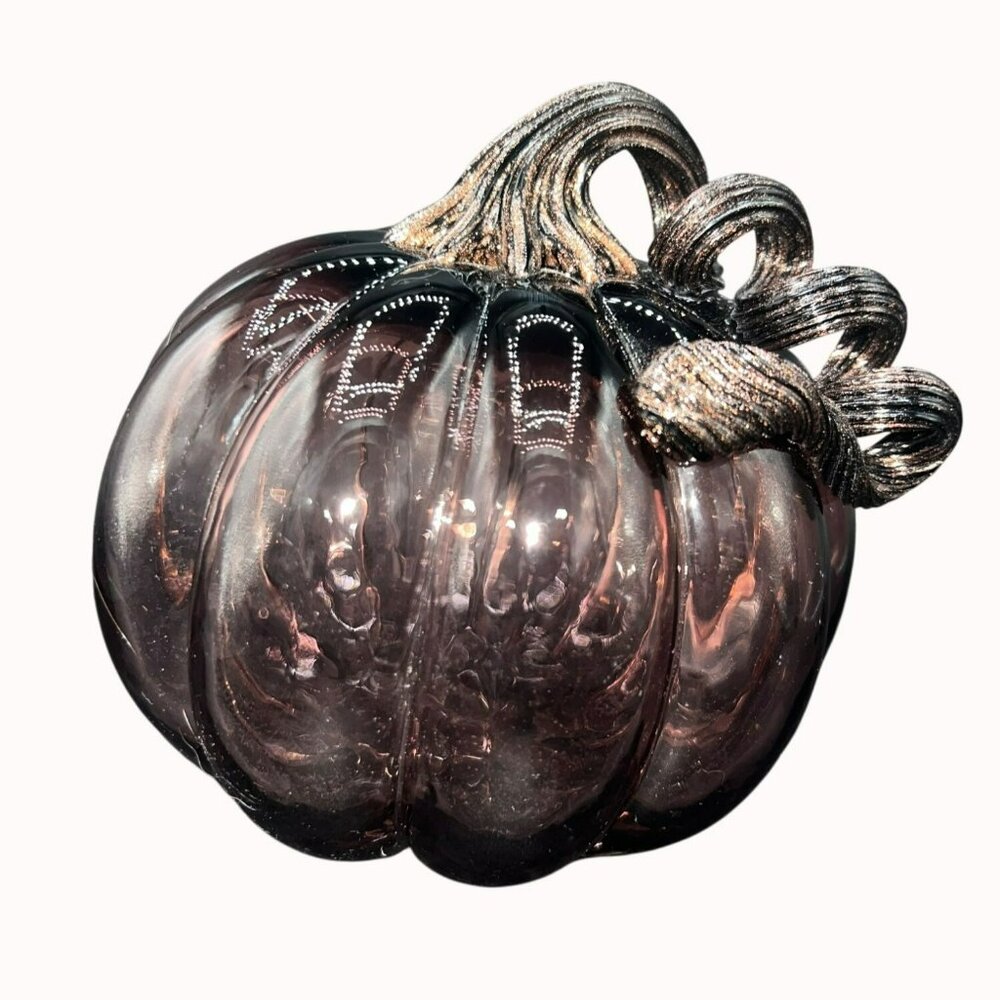 Lg Hand Blown Amethyst Glass Pumpkin Gold Sparkle Curly Stem Anytime Fall Hallow